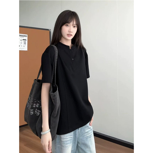 7 excellent products short-sleeved polo shirt for men summer new Henry collar American right shoulder t-shirt couple half-sleeved top men YZXS-T06 black 3XL