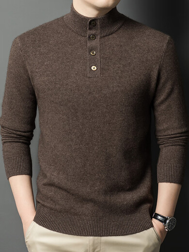 NOSSKISS国际高档品牌立领纯羊毛衫男秋冬季半高领有扣开领中青年针织衫 深墨蓝色 均码 175/L[适合135-150斤]