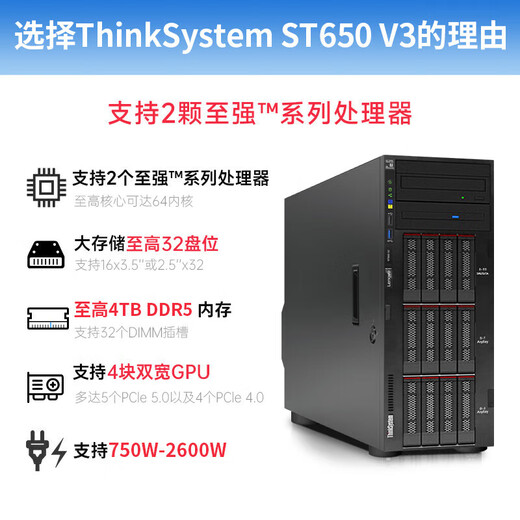 联想（Lenovo）ThinkSystem ST650V2 ST650V3【塔式服务器】主机GPU运算虚拟化deepseek本地部署一体机电脑 【ST650V3】1颗5520+ 28核丨2.2G 64G内存丨960G+4T丨RTX4080-10G