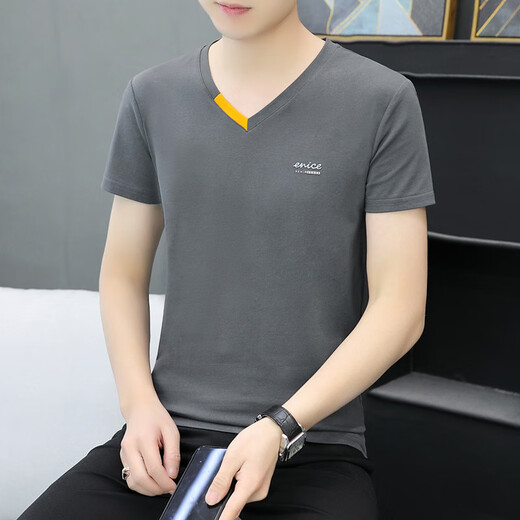 NOSSKISS轻奢高档男士V领短袖T恤新款弹力男士T恤打底衫男式半袖休闲 694豆绿 3XL