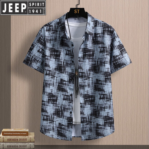 JEEP夏季薄款冰丝短袖衬衫男韩版花衬衣男百搭外穿休闲男装条纹上衣男 JT7027蓝色 M 90-109斤