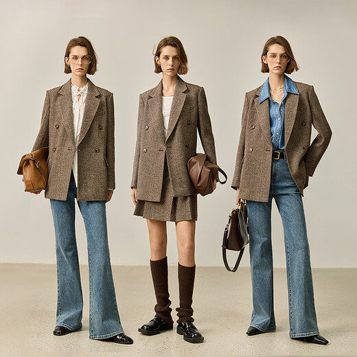 LILY2025 new autumn women's sheep wool blend old money style herringbone lapel silhouette commuter suit jacket 732 chocolate L