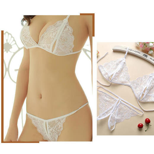Open three-point super lace underwear two-piece set thong transparent temptation couple products red open set one size 7099 Jin Jin equals 0.5 kg