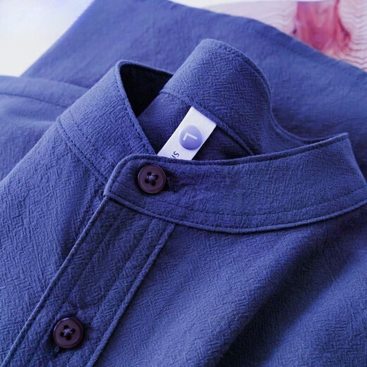 Japanese linen apricot stand collar short-sleeved shirt men's Henry collar cotton and linen short-sleeved shirt men's textured top dark blue textured skin-proof XL 120-135Jin Jin equals 0.5 kg