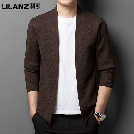 Lilang Men's Spring and Autumn New Knitted Sweater Men's Cardigan Jacket Fashion Casual Solid Color Wool Sweater Top Men Brown 23801 M 165