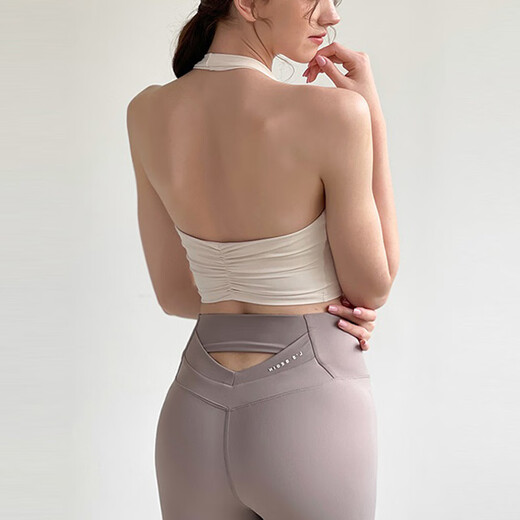 Tianyi sports bra for women with chest pads, beautiful back, shockproof halter neck yoga wear set, Pilates bra, fitness vest, ivory white M