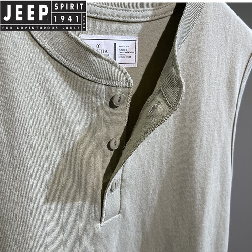 JEEP SPIRIT Henry collar tough guy style vest American heavyweight cotton washed sleeveless waistcoat T-shirt men's fitness sports undershirt beige green 2XL 170-190Jin Jin equals 0.5 kg