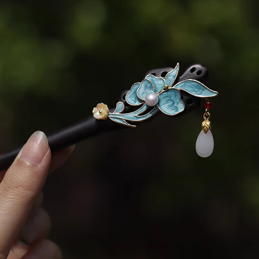 Hypatia Hairpin Women's Ebony Wood Hairpin Ancient Style Imitation Dotted Green Burnt Blue Butterfly Double-sided Hairpin New Chinese Hanfu Hairpin Lotus Burnt Blue