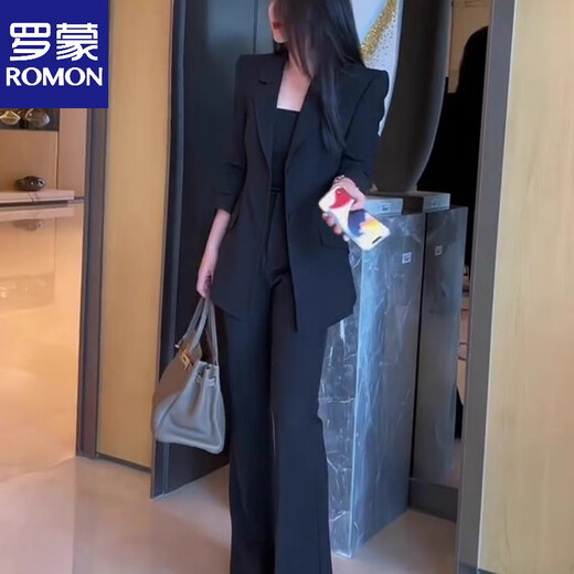 ROMON Official Black Suit Jacket Feminine Spring and Autumn High-end New Style 2026 Professional Casual Suit Fashionable Formal Black Jacket + Pants L _108-118Jin Jin is equal to 0.5 kg