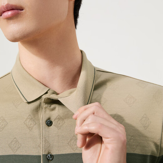 Qipai striped polo shirt/non-deformable collar polo shirt men's long-sleeved autumn business versatile lapel T-shirt khaki L