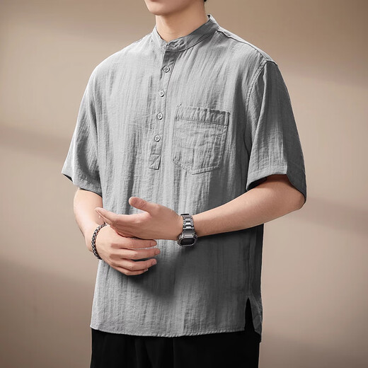 Chaotianshi high-end Chinese antique style retro linen short-sleeved shirt men's summer thin old money style Henry collar casual shirt gray XL 145-160Jin Jin equals 0.5 kg