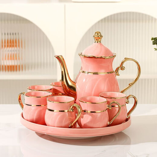 Burnison European high-end water set set light luxury ceramic living room household tea set cup teacup teapot housewarming gift Yellow Swan 1 pot 6 cups 1 lotus leaf plate gift box