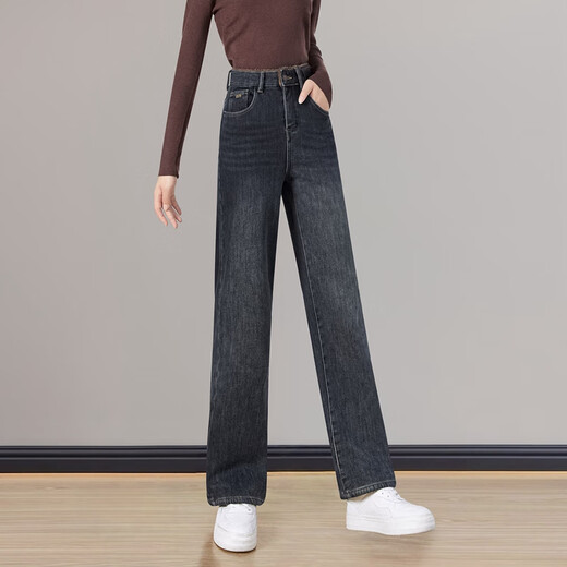 Shechi plus velvet warm straight jeans women's 2025 winter new high-waist slim narrow wide-leg pants