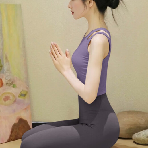 Shuangxiu Yoga Wear Women's 2025 New Summer Pilates Sports Vest Dopamine Fitness Top Training Running Set Platycodon Purple Top + Dove Gray Pants Set L 110-120