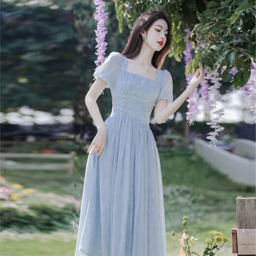 烨白法式复古连衣裙夏天女2025年新款蓝色在逃公主礼服裙油画风 蓝色油画连衣裙 S