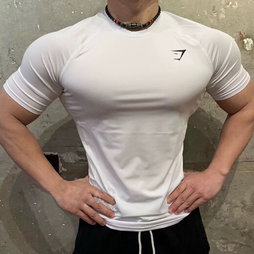 British GYMSHARK muscle shark men's sports and fitness quick-drying T-shirt breathable and elastic body-slimming short-sleeved white L recommended 150-175Jin Jin equals 0.5 kg