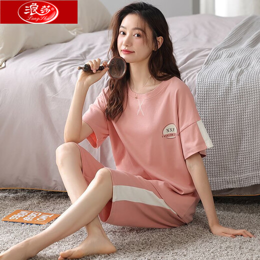 Langsha pajamas for women in summer pure cotton full cotton cropped pants suit for summer middle-aged and elderly mothers large-size short-sleeved home clothes NXF-9856 light blue M [Suggested weight: 80-100Jin [Jin equals 0.5 kg]]