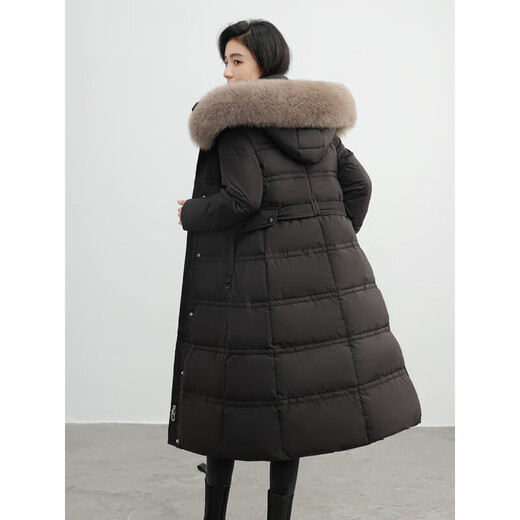 雪中飞狐狸毛领连帽长款羽绒服女25新款加厚收腰显瘦90绒外套冬季黑色S