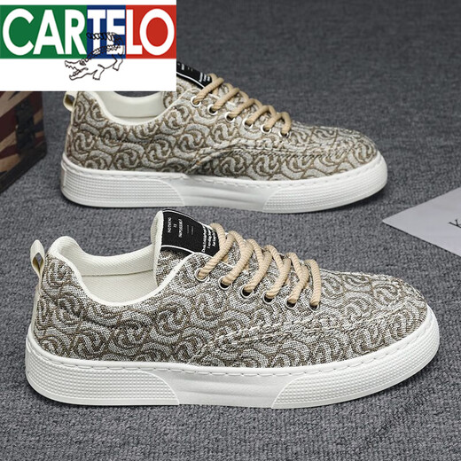 CARTELO canvas shoes men's low top summer 2025 new niche low top printed board shoes men's thick sole sports and casual trendy shoes T24 beige 41