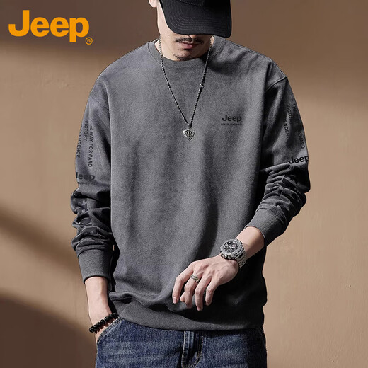 JEEP吉普卫衣男外套秋冬季宽松长袖T恤男士潮流休闲上衣服男装灰色3XL