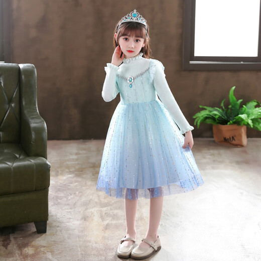 Girls Elsa Princess Dress Spring and Autumn 2025 New Children's Knitted Sweater Dress Thickened Autumn Girls Skirt 2517 Blue 160