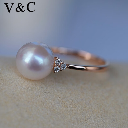 V&C18K diamond Japanese AKOYA pearl ring goddess pink seawater pearl rose gold princess ring 8-9MM 18K white/diamond/upgraded thickened version 9-9.1MM
