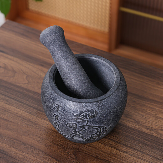 Yi Yuanxuan household natural black gold garlic mortar, stone mortar, medicine jar, stone cup, garlic pounder, pair of wolei bowl, pepper mashing and grinding machine, black gold stone lotus, fish outer diameter 13CM