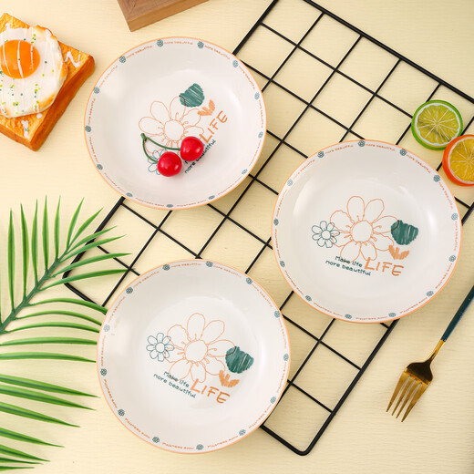 Household ceramic plate dish plate round plate ceramic simple style underglaze color simple line flower 7-inch breakfast plate 7-inch breakfast plate 1 pack