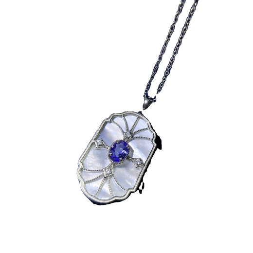 Pool example S925 sterling silver pendant empty support oval 5*7MM natural tanzanite with white mother-of-pearl European retro hangtag simple 7 empty support (excluding gems and necklaces)