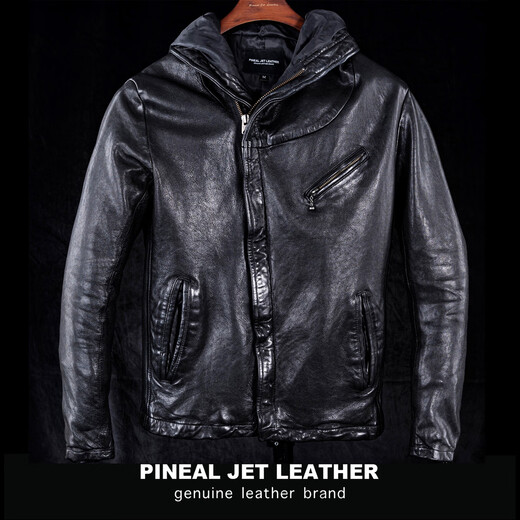 PJL男士复古黑暗风格潮装水洗植鞣帽子款皮夹克皮衣外套斜拉帽 黑色 M (130斤以下)