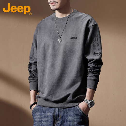 JEEP吉普卫衣男外套秋冬季宽松长袖T恤男士潮流休闲上衣服男装灰色3XL