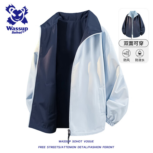 Wassup Sohot Jacket Men's Autumn and Winter Reversible Outdoor Jacket Men's Trendy Casual Stand Collar Flight Jacket Moonlight Blue L