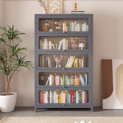 儿童书柜钢制上翻门收纳柜多层落地储物柜客厅卧室阳光板展柜书架 白色5门-高1695*宽500mm-方形门