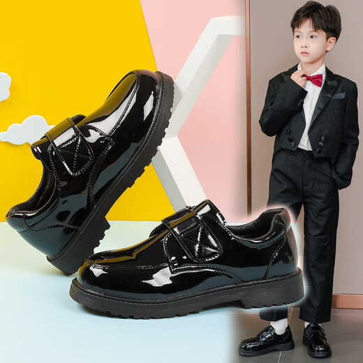 DUTRIEUX Boys' Leather Shoes Soft Sole Children's Campus Performance Shoes New Little Boy Performance British Style Student Black Leather Shoes Boys' Black Leather Shoes Upgraded Velcro Style 32 Sizes Inner Length of Shoes Approximately 200mm