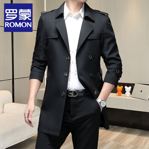 ROMON extra long over the knee spring and autumn versatile windbreaker men's mid-length trendy 2025 autumn and winter new coat double-breasted coat 2168-135 Khaki over the knee XL 140-160 Jin Jin is equal to 0.5 kg