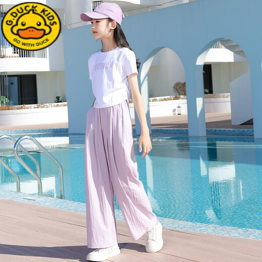 G.duck小黄鸭女童夏装套装儿童2025新款大童短袖t恤长裤夏季休闲运动服 15025米白色+9731紫色 160 cm