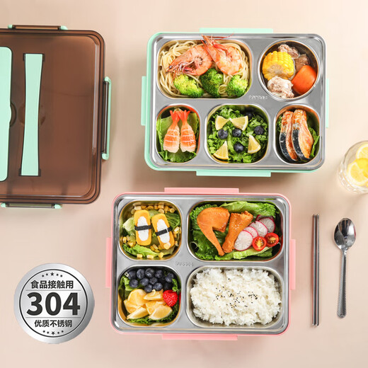 304 stainless steel compartment large capacity insulated lunch box student office workers canteen lunch box with lid anti-scald lunch box 304 material 5 compartments + chopsticks and spoons 1800ml Nordic blue
