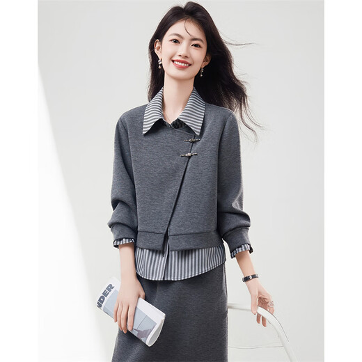 Xinfeiyu high-end spliced fake two-piece long-sleeved sweatshirt for women in autumn 25 autumn and winter new style small loose slimming top