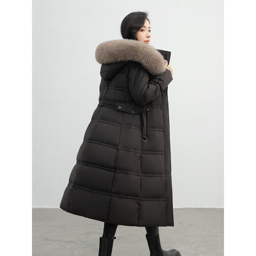 雪中飞狐狸毛领连帽长款羽绒服女25新款加厚收腰显瘦90绒外套冬季黑色S