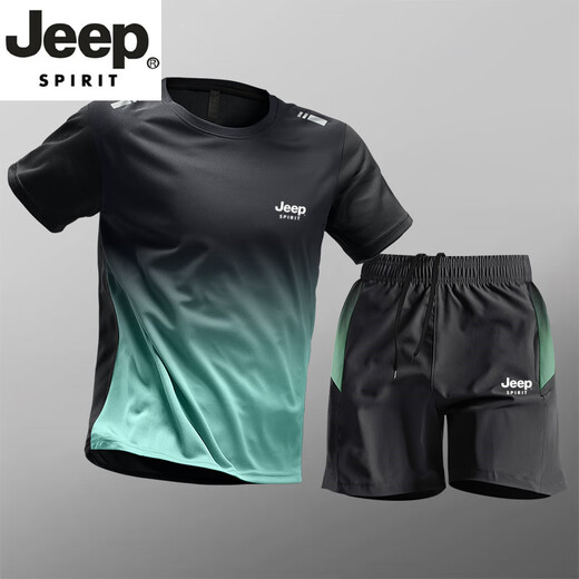 JEEP SPIRIT轻奢高端运动套装男士速干衣短袖t恤夏季冰丝训练短裤健身衣服男 9901黑灰套装 M