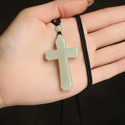 Jingjian Hotan jade cross pendant for men and women, safe jade pendant, jade pendant, white jade pendant necklace with certificate, cross pendant (black rope) 58*40*8MM
