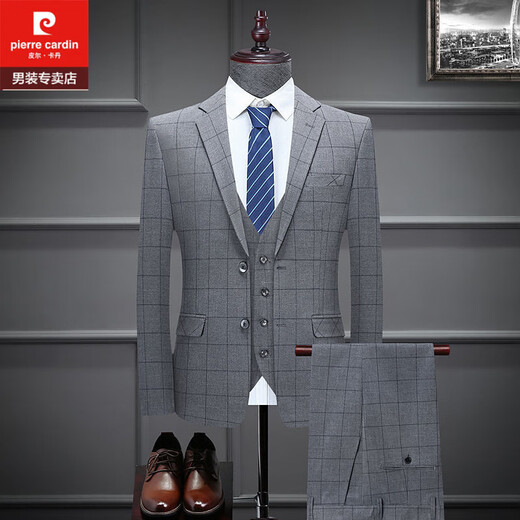 Pierre Cardin Groom's Suit Suit Men's Korean Style Wedding Dress Business Casual Professional Wear Plaid Three-piece Small Suit 8908 Medium Gray Plaid Suit+Trousers+Vest XL 180 Recommended 140-150Jin Jin equals 0.5 kg