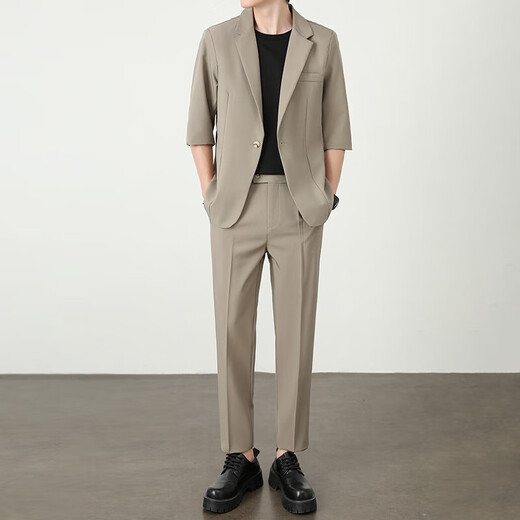 Light and mature style Korean style loose summer thin men's suit two-piece set gray set 3XL