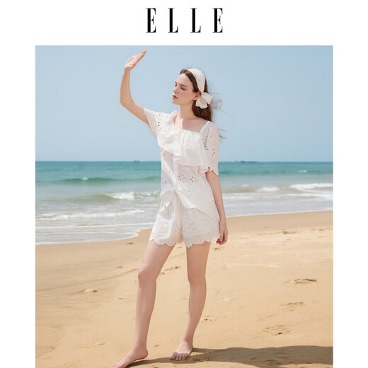 ELLE white cotton pajamas for women 2025 summer new style French ruffle resort style short-sleeved shorts set white (top) M