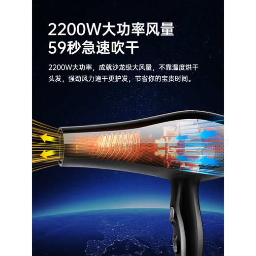 小米粒电吹风机家用大风力负离子护发大功率理发店发廊吹风筒3524 黑色蓝光变频[家用宿舍]-送集风