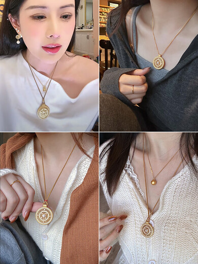 Wei Xue's same ancient style sand gold eight treasure compass high-end middle-aged dot diamond necklace accessories for women Rope type sand gold dot diamond eight treasure compass necklace 66 cm adjustable