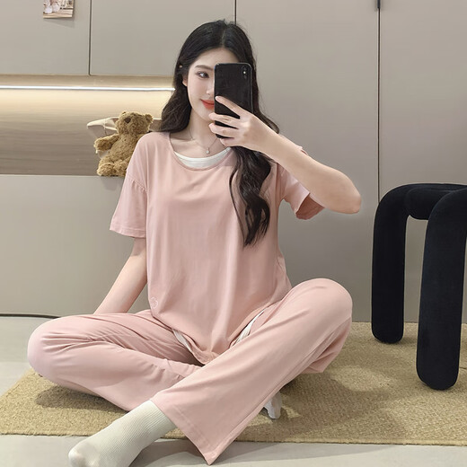 Victoria's style short-sleeved trousers pajamas for women's summer modal 2025 new sexy breast pad integrated pink fake two-piece set short-sleeved trousers_1283_pink M