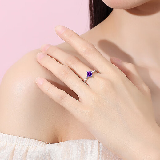 Timebetter natural amethyst 925 silver ring niche high-end deep romantic diamond-shaped women's ring light luxury gift certificate engraving natural amethyst ring / main stone single side length about 5mm open ring