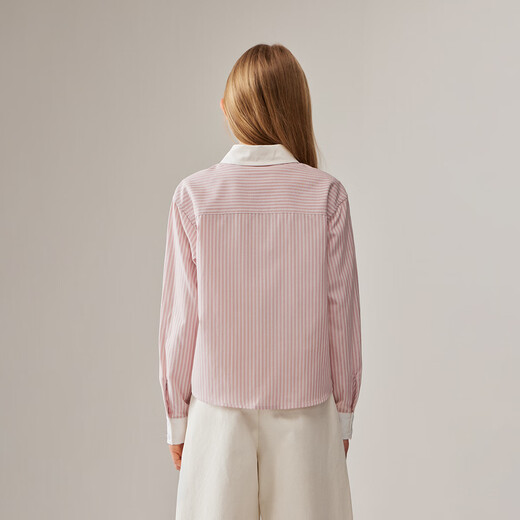 ELLE KIDS Children's Clothing Contrast Stripe Embroidered Shirt Girls Autumn New French Classic Fresh Top Pink and White Strips 150