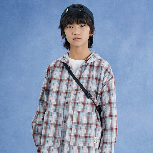 Mipu shopping mall same style autumn new children's shirt brushed plaid hooded long-sleeved versatile casual top coffee color 150